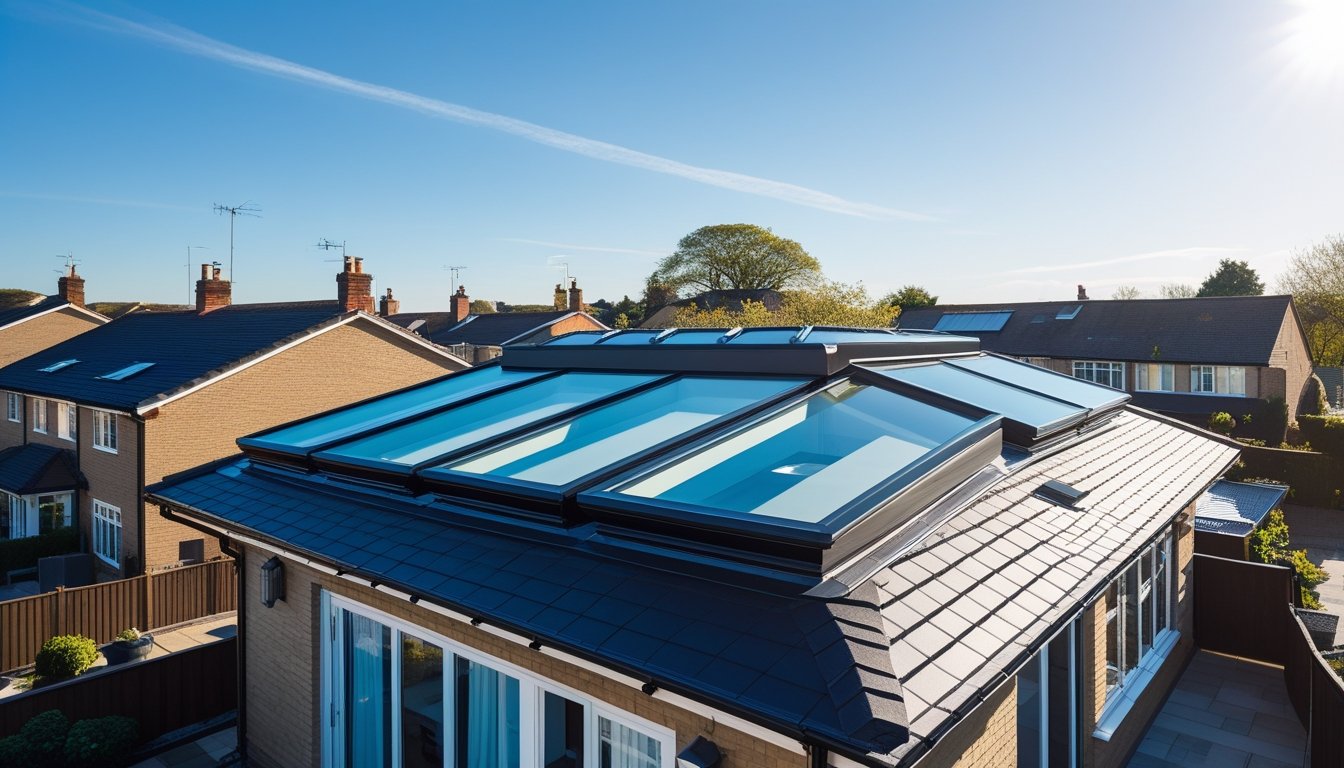 A modern UK house rooftop with sleek skylights installed, showing a bright interior and neighbouring houses under a clear sky.