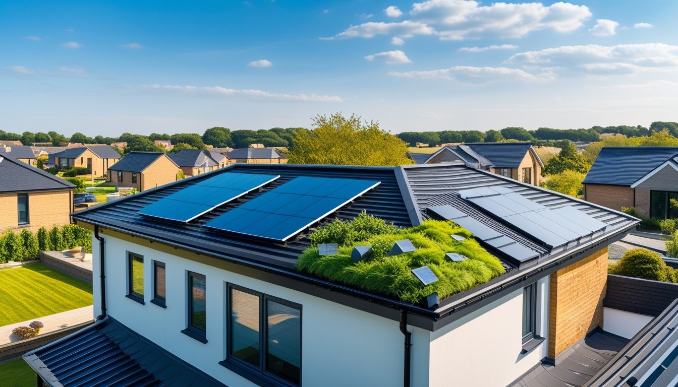 A modern residential rooftop with eco-friendly roofing materials including solar tiles and green vegetation, set in a suburban neighbourhood under a blue sky.