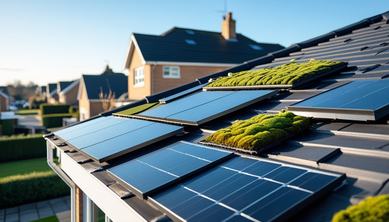 A close-up view of a modern residential roof with eco-friendly materials including solar tiles and green plants, under a clear blue sky in a suburban neighbourhood.