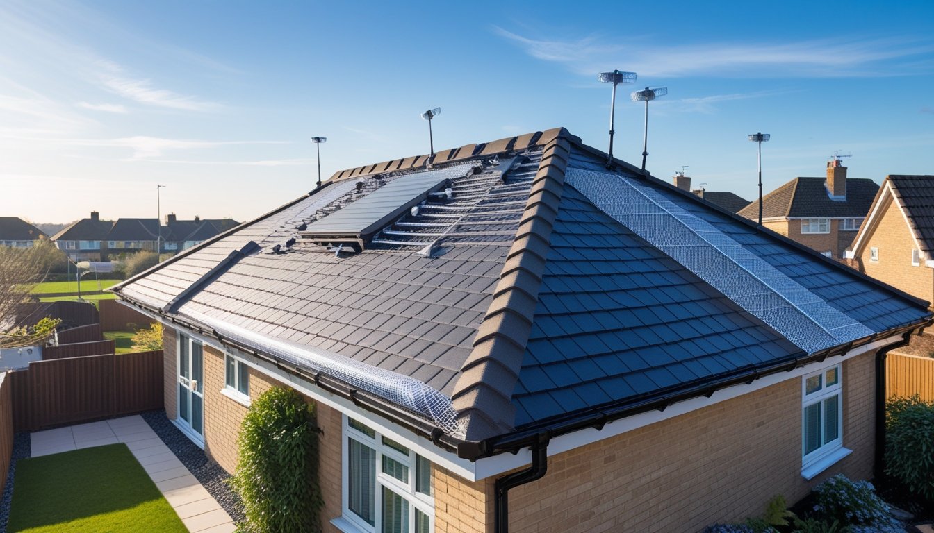 A UK residential roof with visible pest protection measures including mesh guards and small devices, set in a suburban neighbourhood under a clear sky.