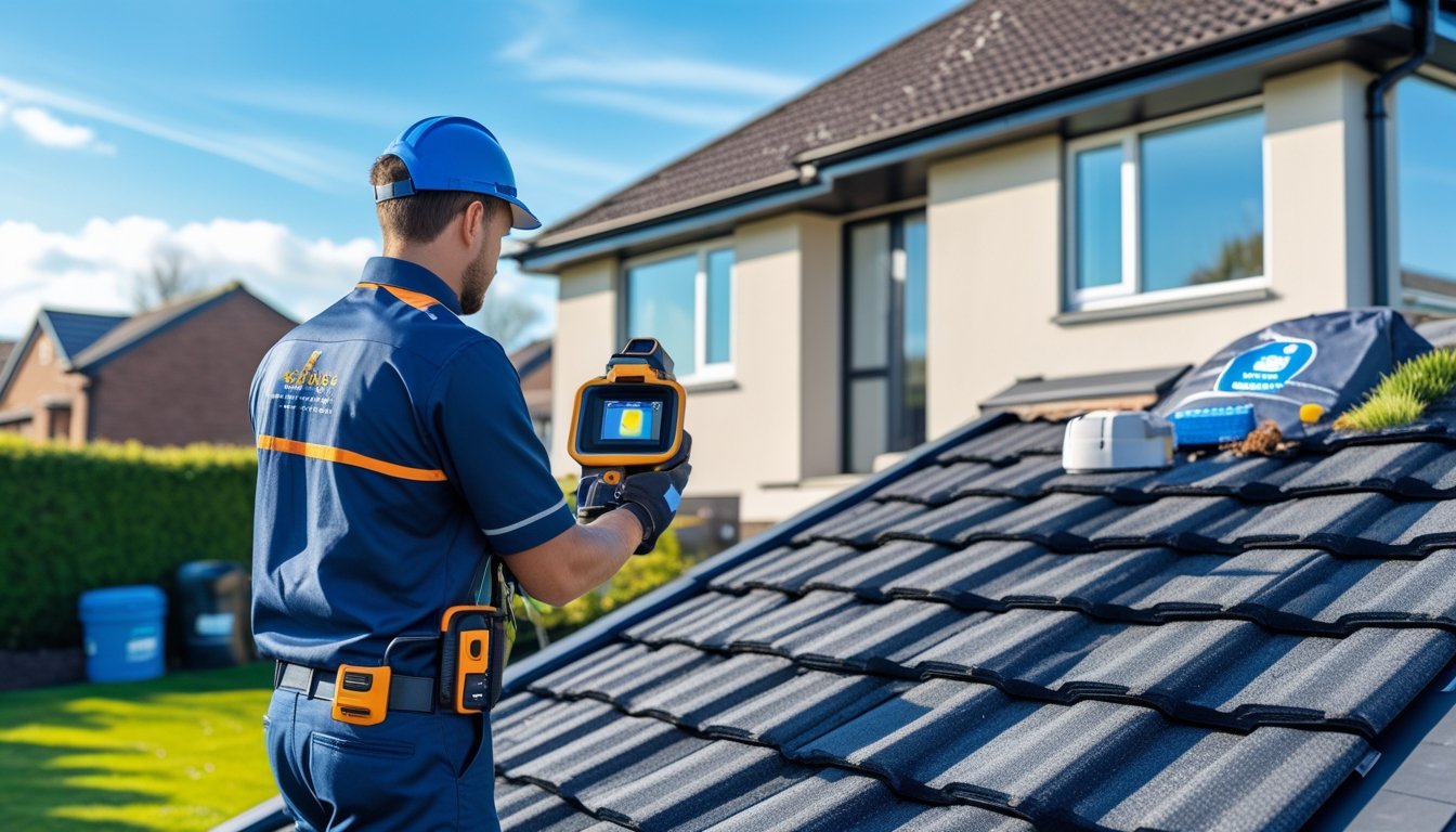 A technician inspecting a UK residential roof for pests using specialised equipment on a sunny day.