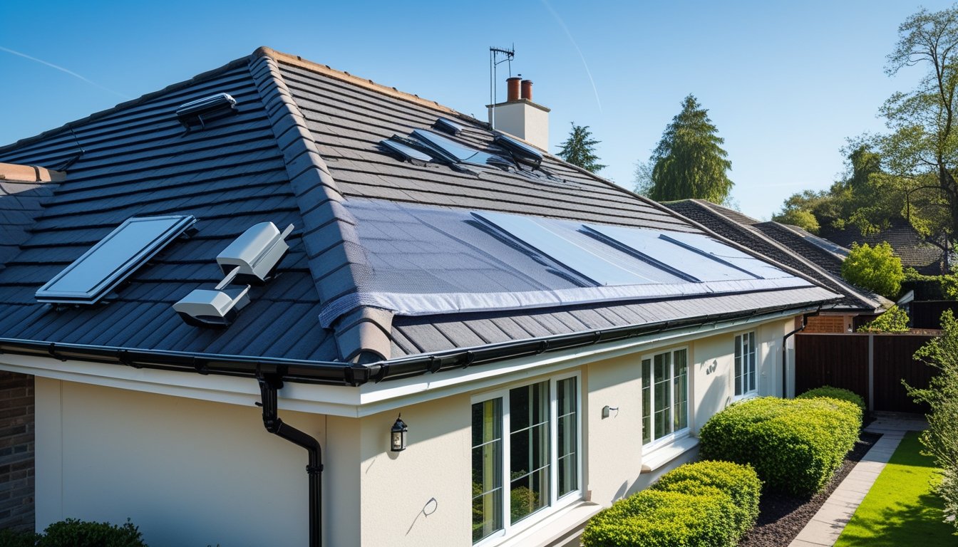 A modern UK house roof with pest protection devices installed, surrounded by a garden under a clear sky.