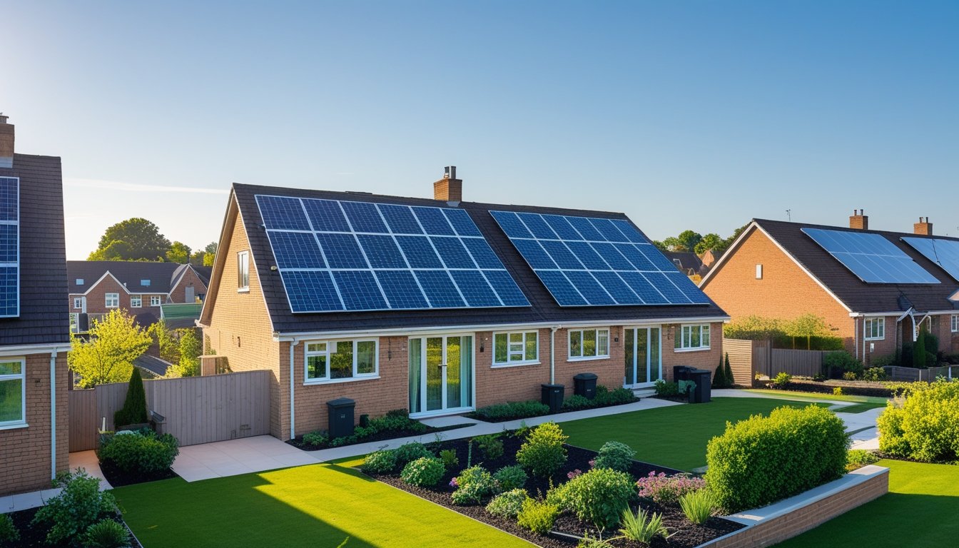 A residential neighbourhood in the UK with houses featuring solar panels on their roofs under a clear sky.
