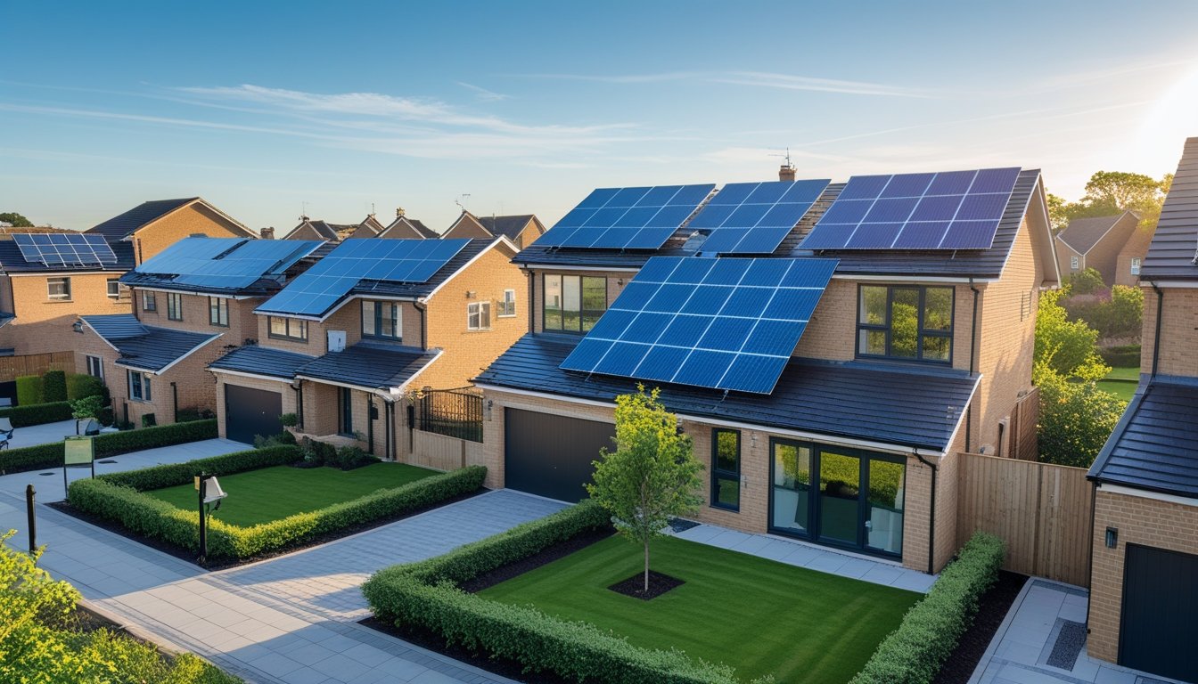 A sunny residential street in the UK with houses fitted with solar panels on their roofs.