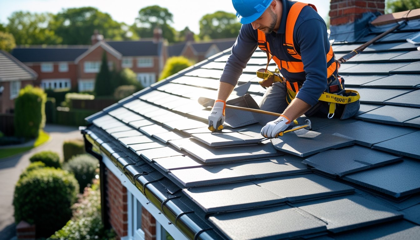 A roofer wearing safety gear inspecting and repairing a slate roof on a British suburban house under clear daylight.