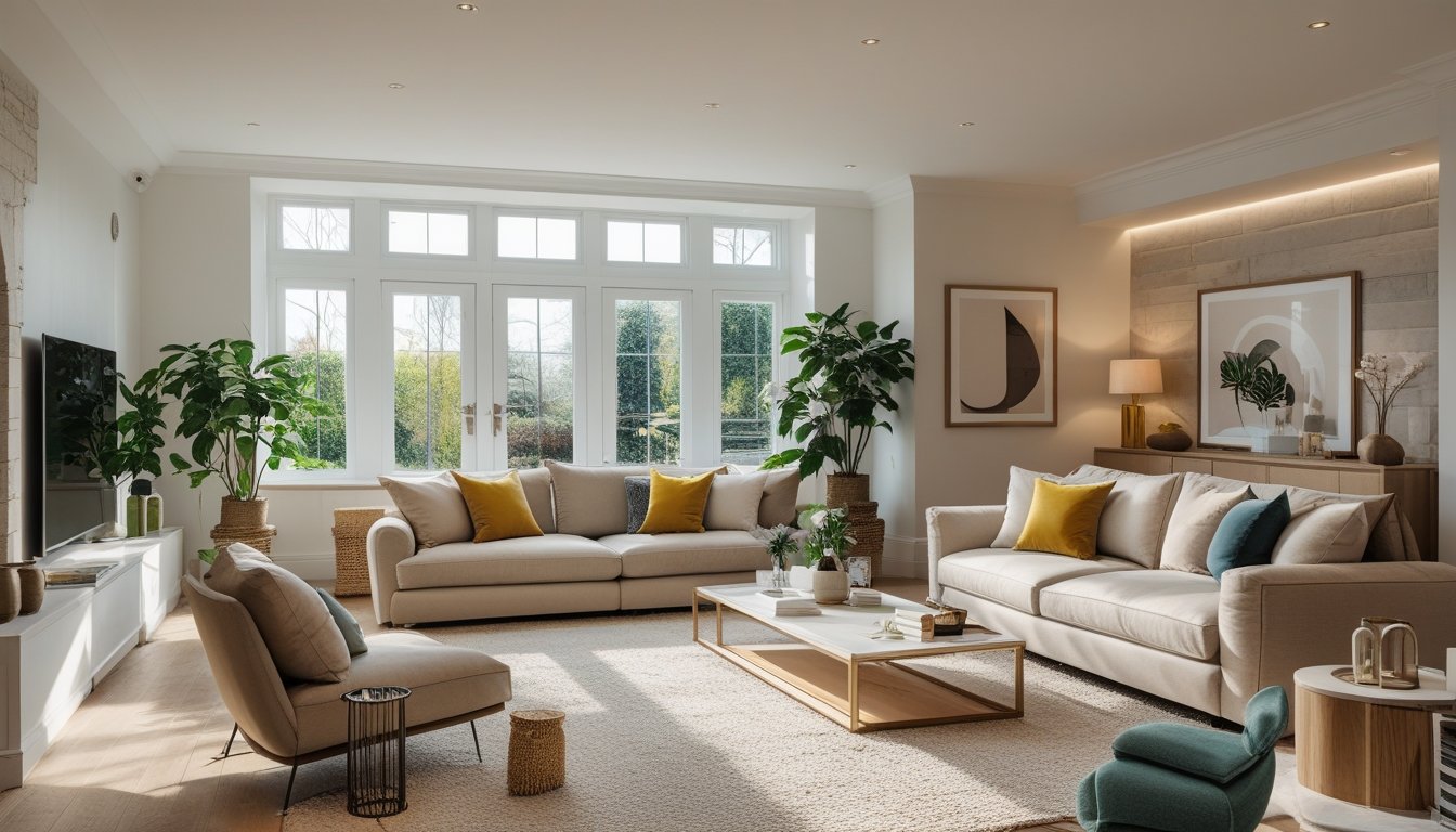 A bright and welcoming living room in a UK home with comfortable seating, decorative plants, and natural light coming through large windows.