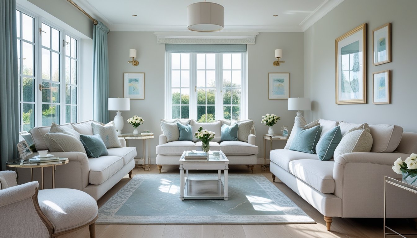A well-lit living room in a UK home with comfortable furniture, decorative cushions, fresh flowers on a coffee table, framed artwork, and wooden flooring.