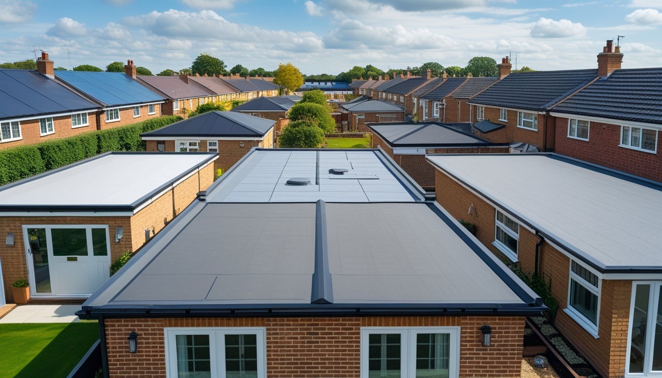 A row of UK suburban houses showing different types of flat roofs under a partly cloudy sky.