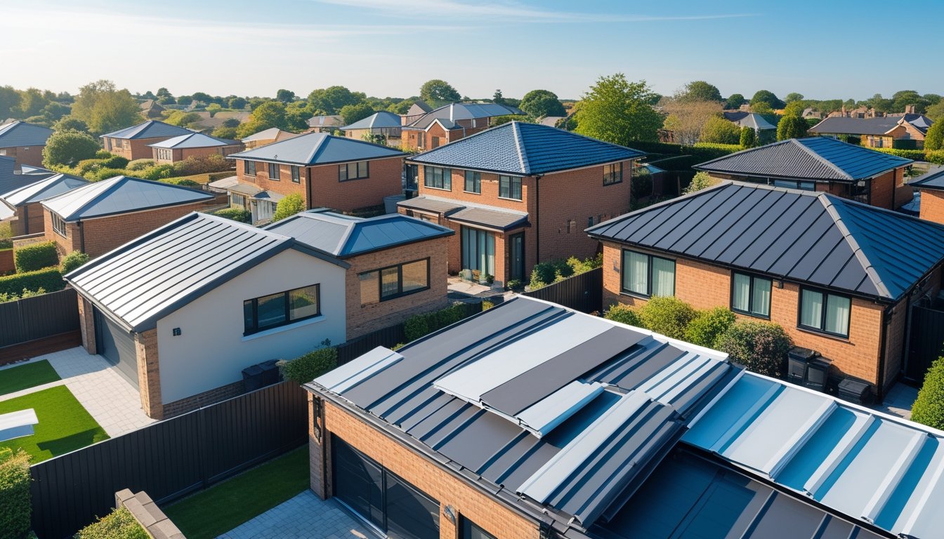 A suburban neighbourhood with several houses featuring different flat roof designs, with a person looking at roof samples in the foreground.