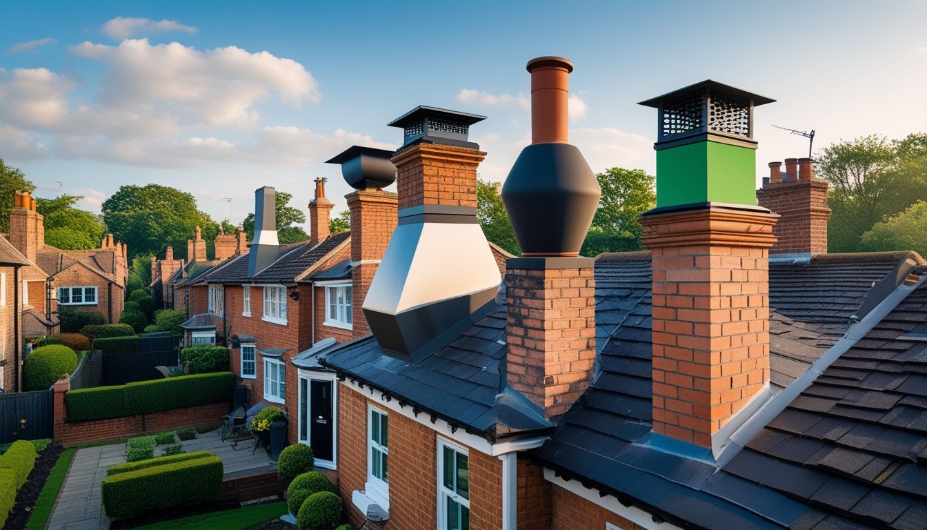 A row of British houses with various uniquely designed chimney pots on their rooftops under a clear sky.