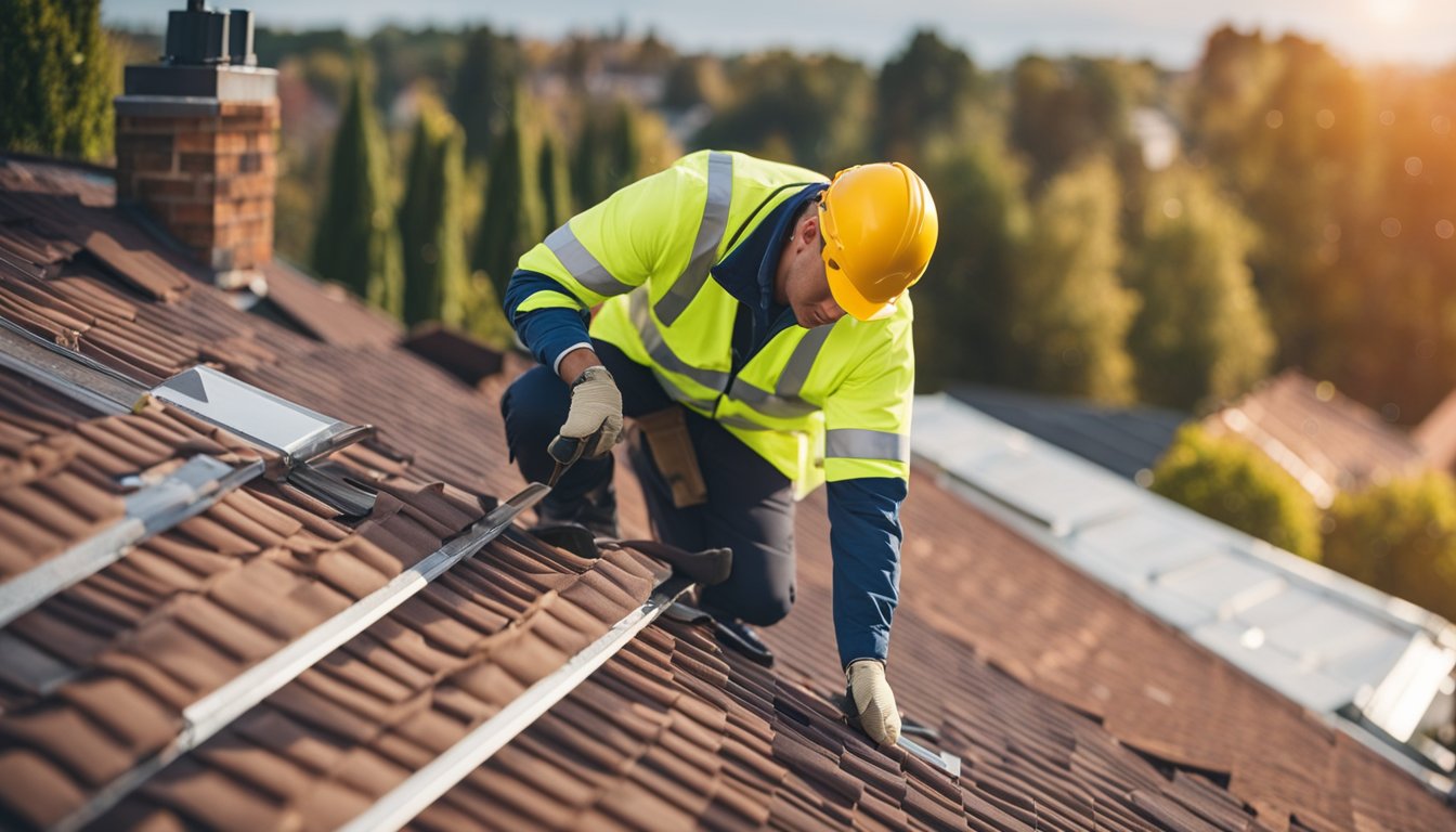 A roofer carefully follows UK regulations, measuring and installing materials to code on a residential roof