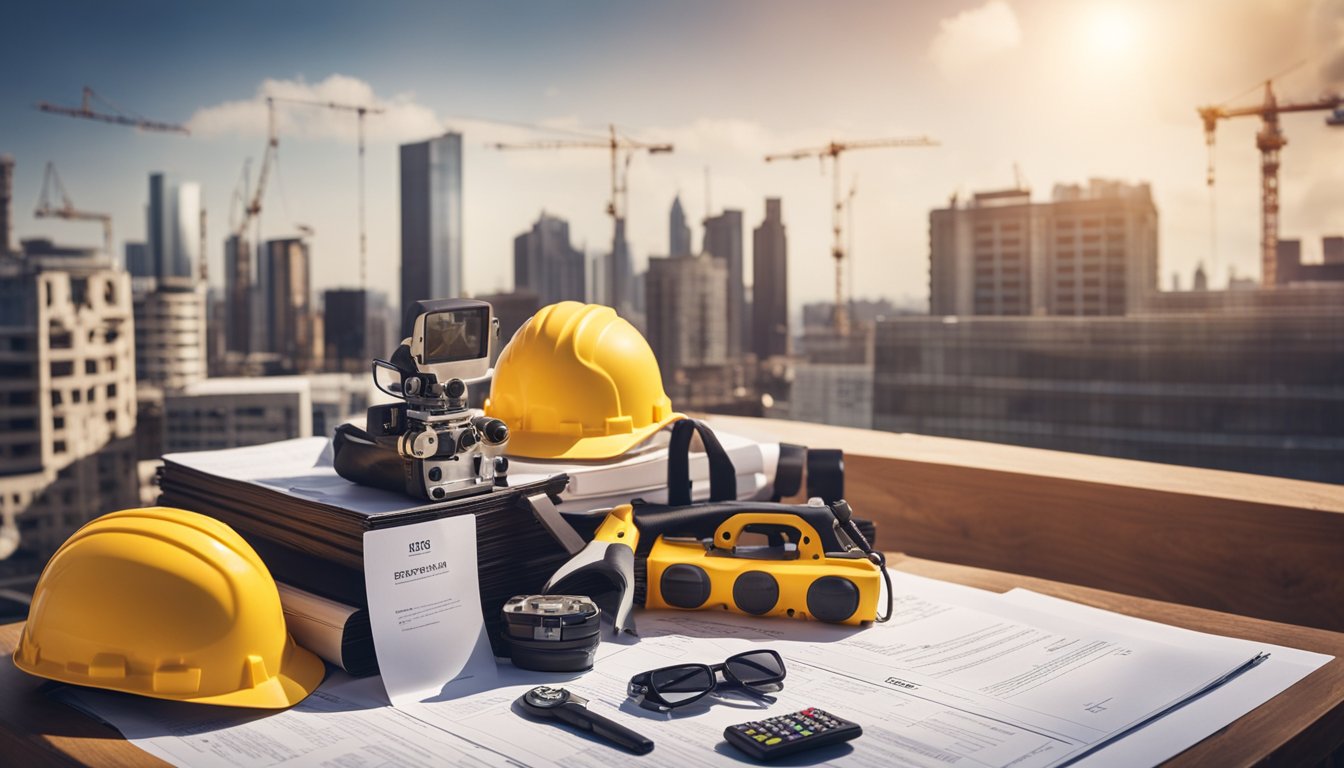 A rooftop with various regulations and codes displayed on signs and documents, surrounded by construction materials and tools