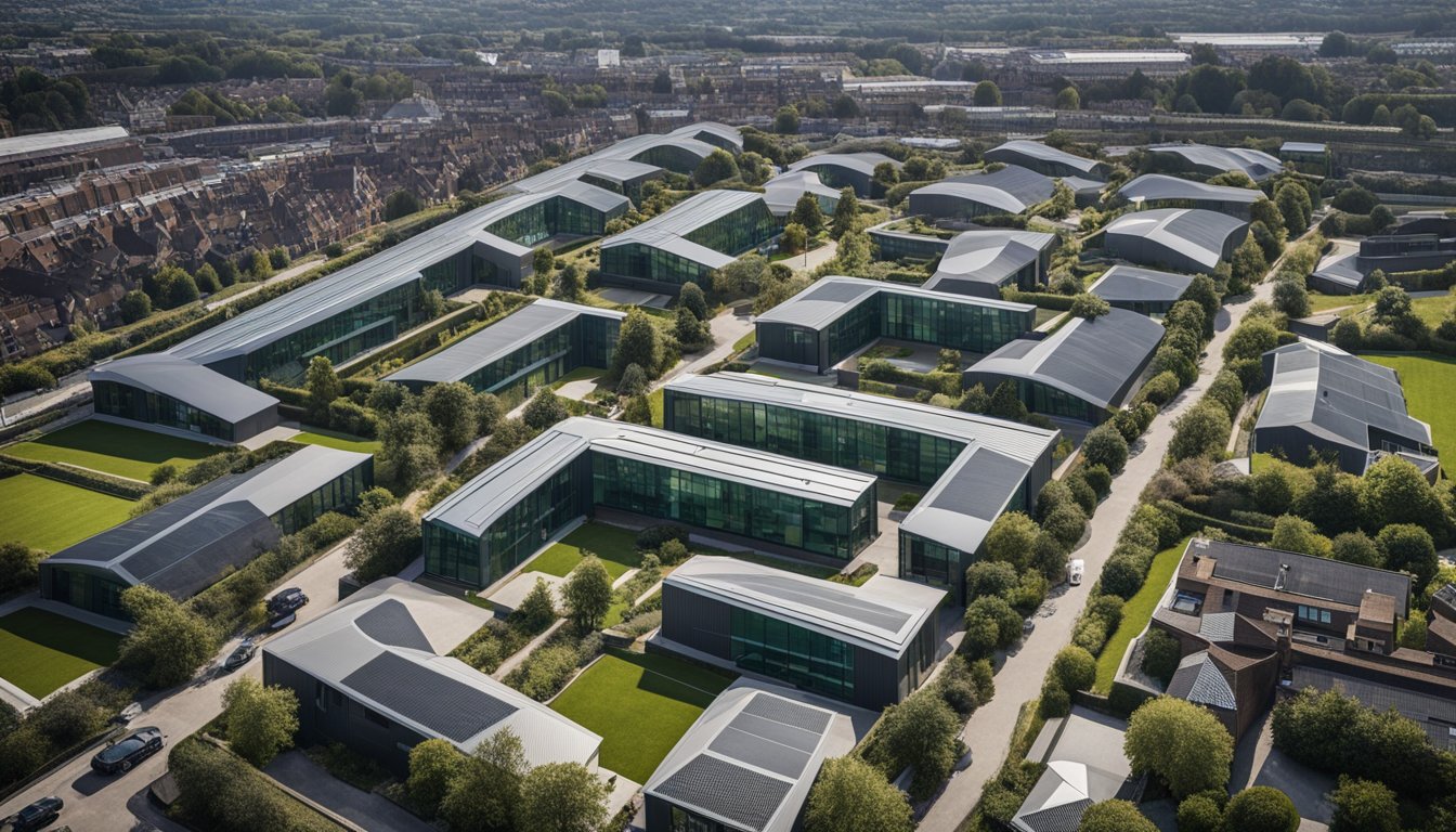 Aerial view of modern UK rooftops, showcasing sleek lines, green technology, and innovative materials for 2024