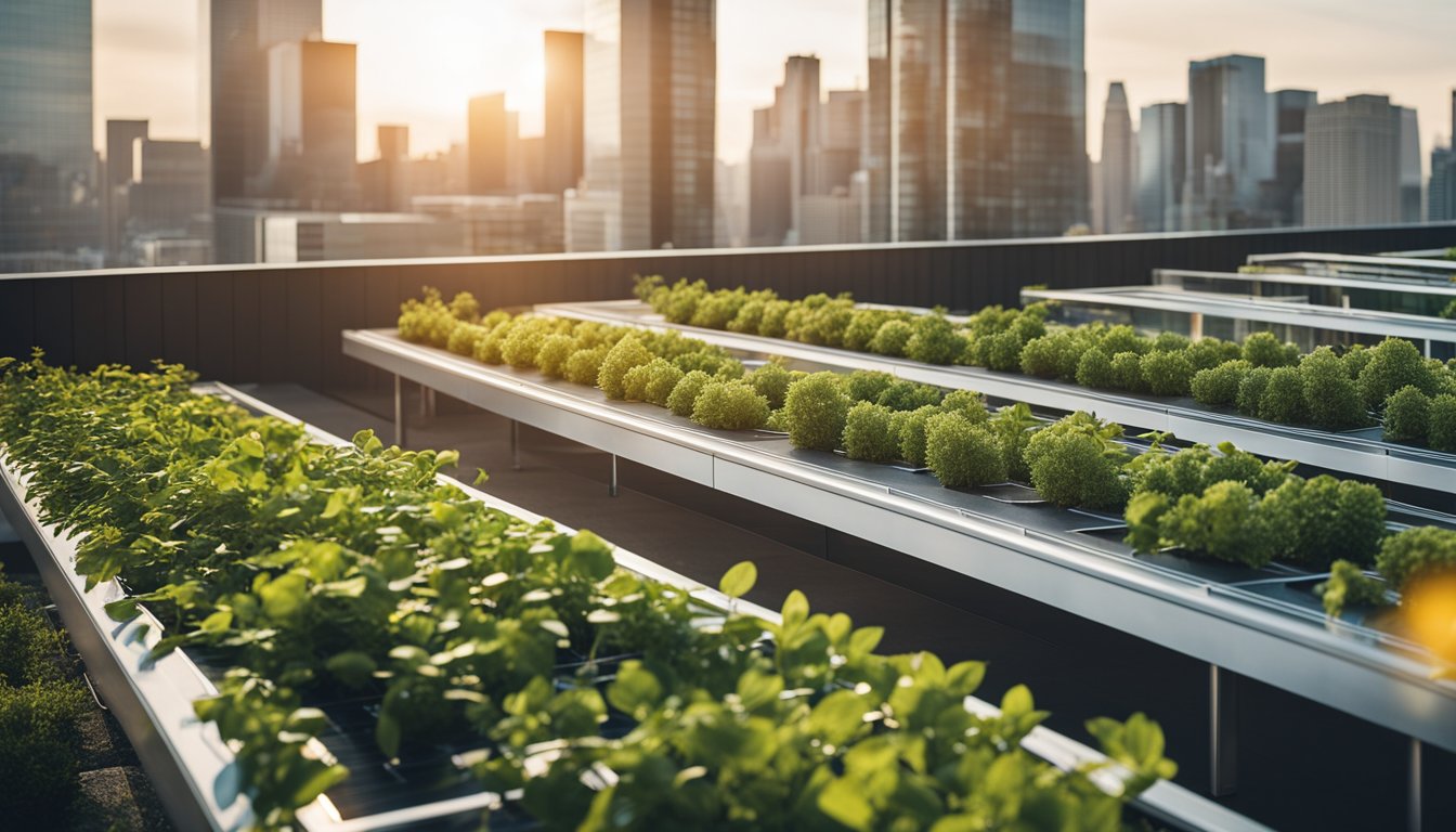 A modern rooftop garden with sleek, energy-efficient solar panels and green living walls, surrounded by minimalist glass and steel structures