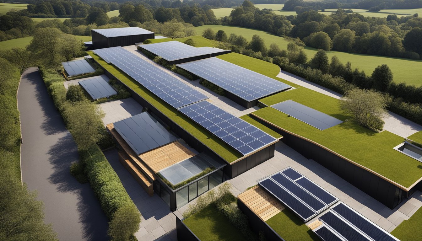 A modern UK roof design with sleek lines and sustainable materials, incorporating solar panels and green roofing elements