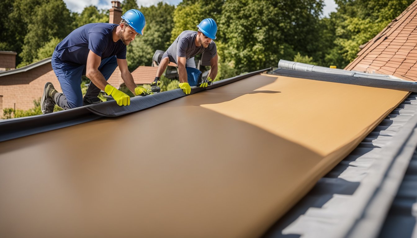 A roof underlayment being installed on a UK home, with a protective layer being carefully rolled out and secured over the roof structure