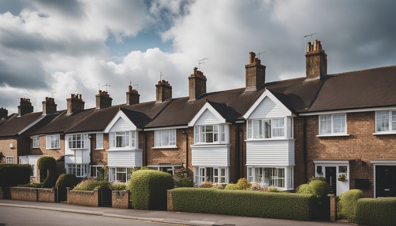 A row of UK homes with various architectural roof styles, including gabled, hipped, and mansard roofs, set against a cloudy sky