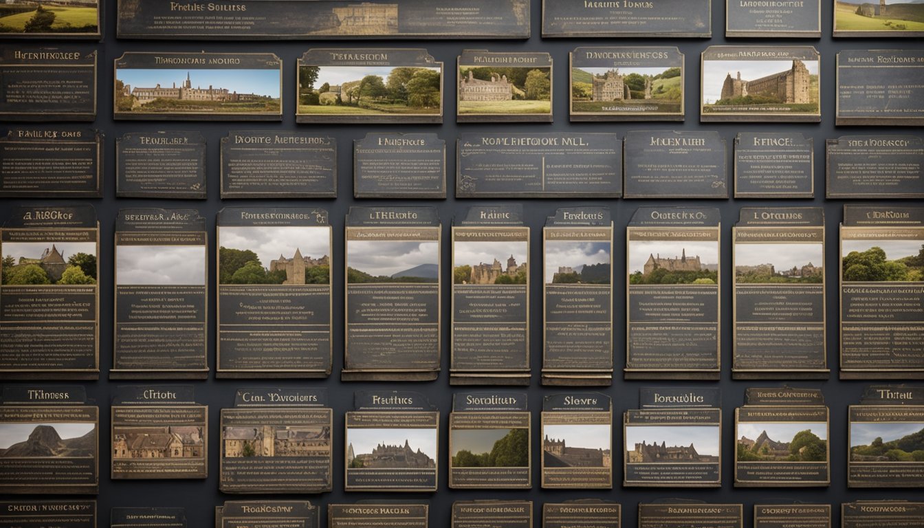 A timeline of UK architectural roof styles, from medieval thatch to Victorian slate, displayed on a wall with labels and illustrations