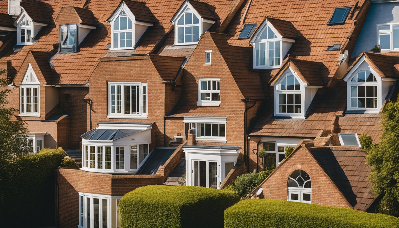 An array of architectural roof styles, including gable, hipped, and flat, showcased on various UK homes