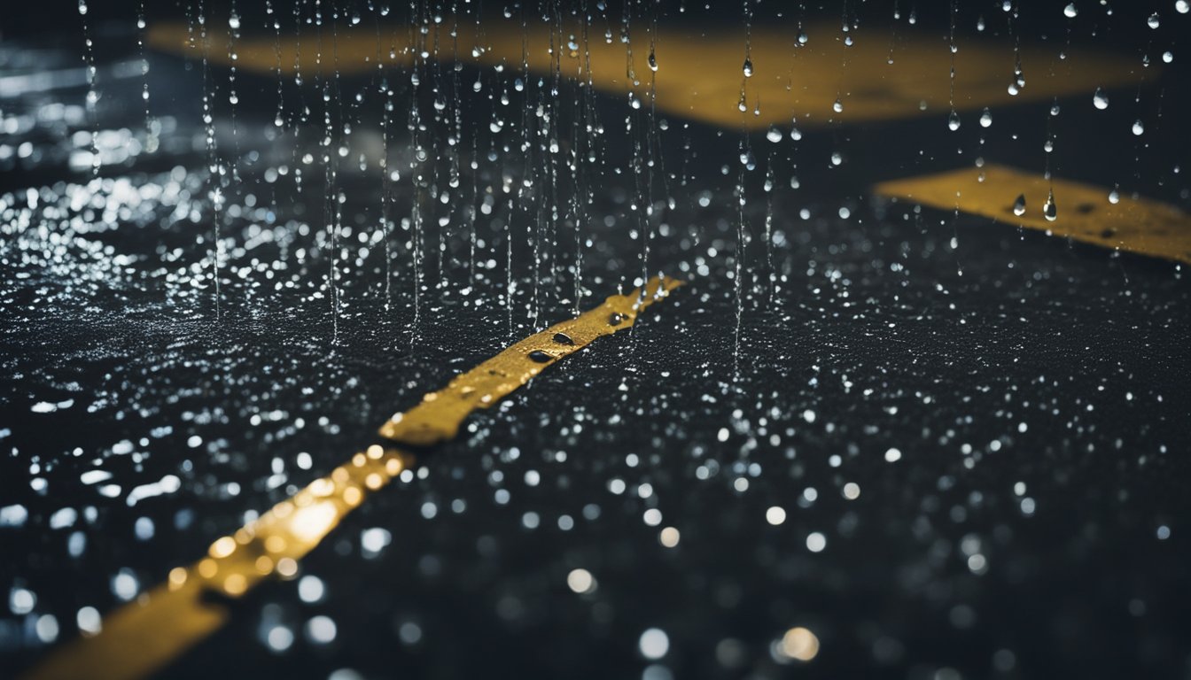 A rainy night, water dripping from a damaged roof. A bucket placed to catch the leaks. A person frantically searching for emergency roof repair solutions