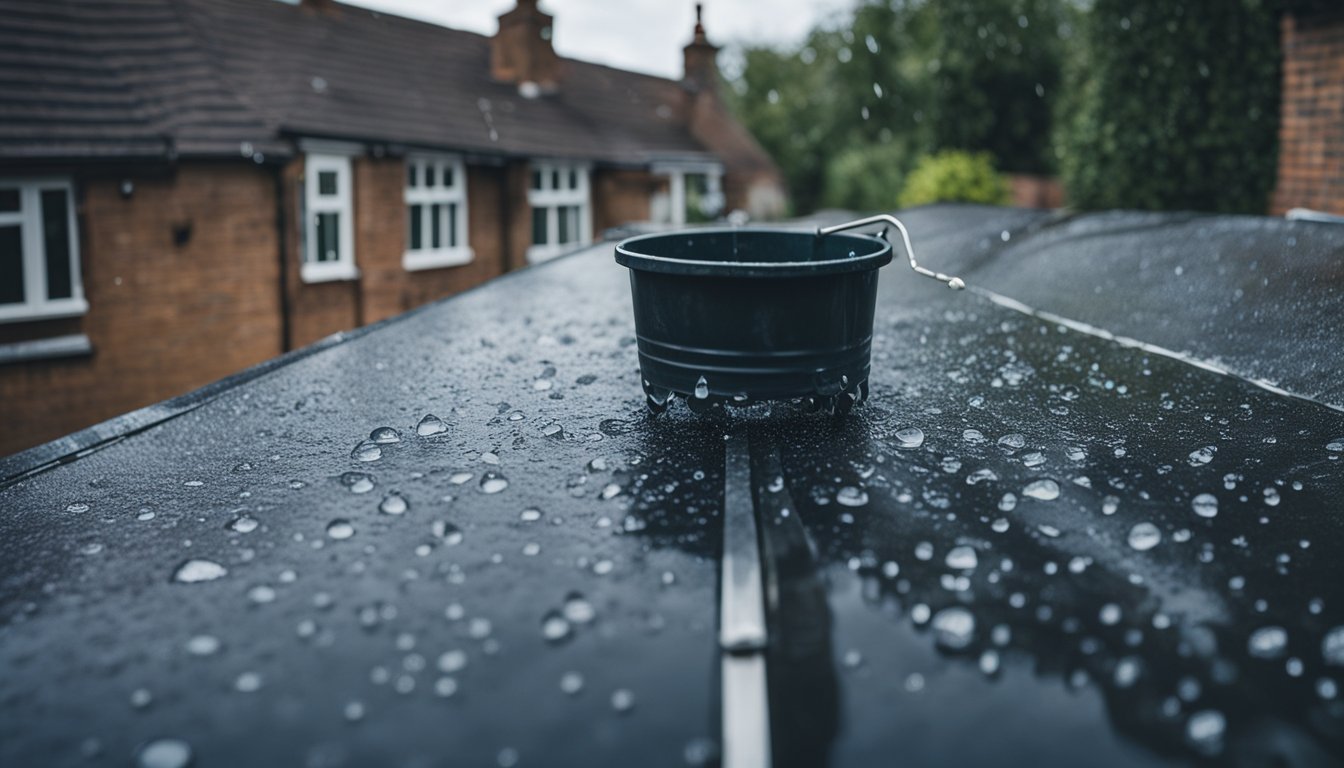 Rain pouring down on a damaged roof, water leaking into a UK home. A bucket placed to catch the dripping water