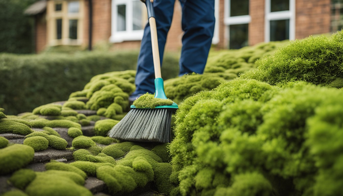 A person using a long-handled brush to scrub moss and debris off a UK home's roof. A bucket of cleaning solution and a hose are nearby