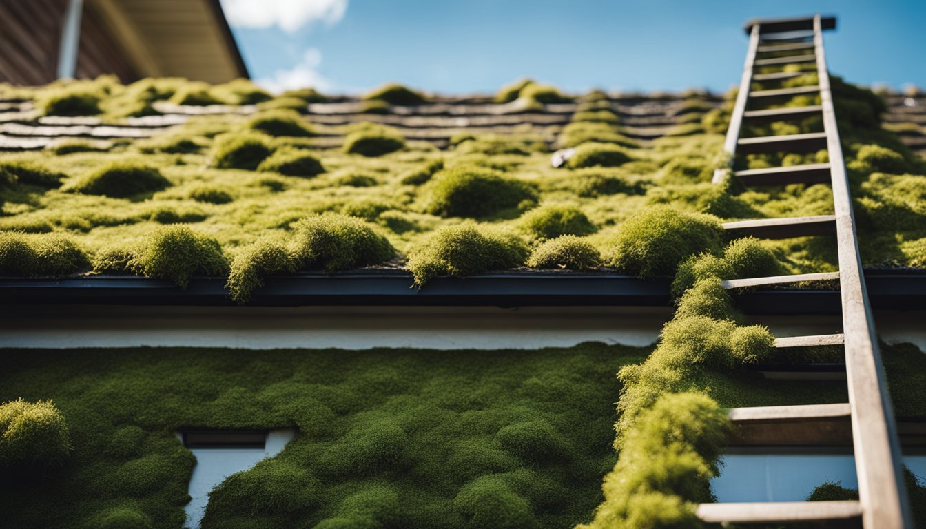 A roof covered in moss and debris, with a clear blue sky in the background. A ladder leaning against the side of the house