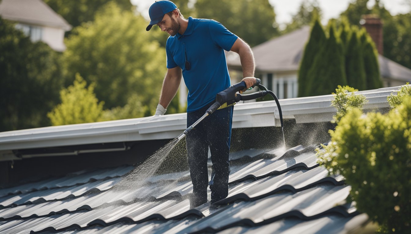 A roof being cleaned with a pressure washer, surrounded by a residential area with houses and trees in the background