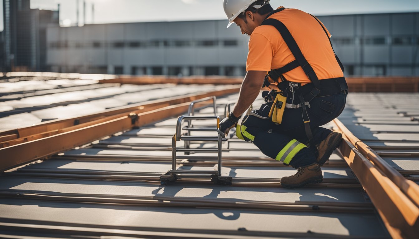 A person wearing a hard hat and safety harness while inspecting a roof with a sturdy ladder and safety barriers in place