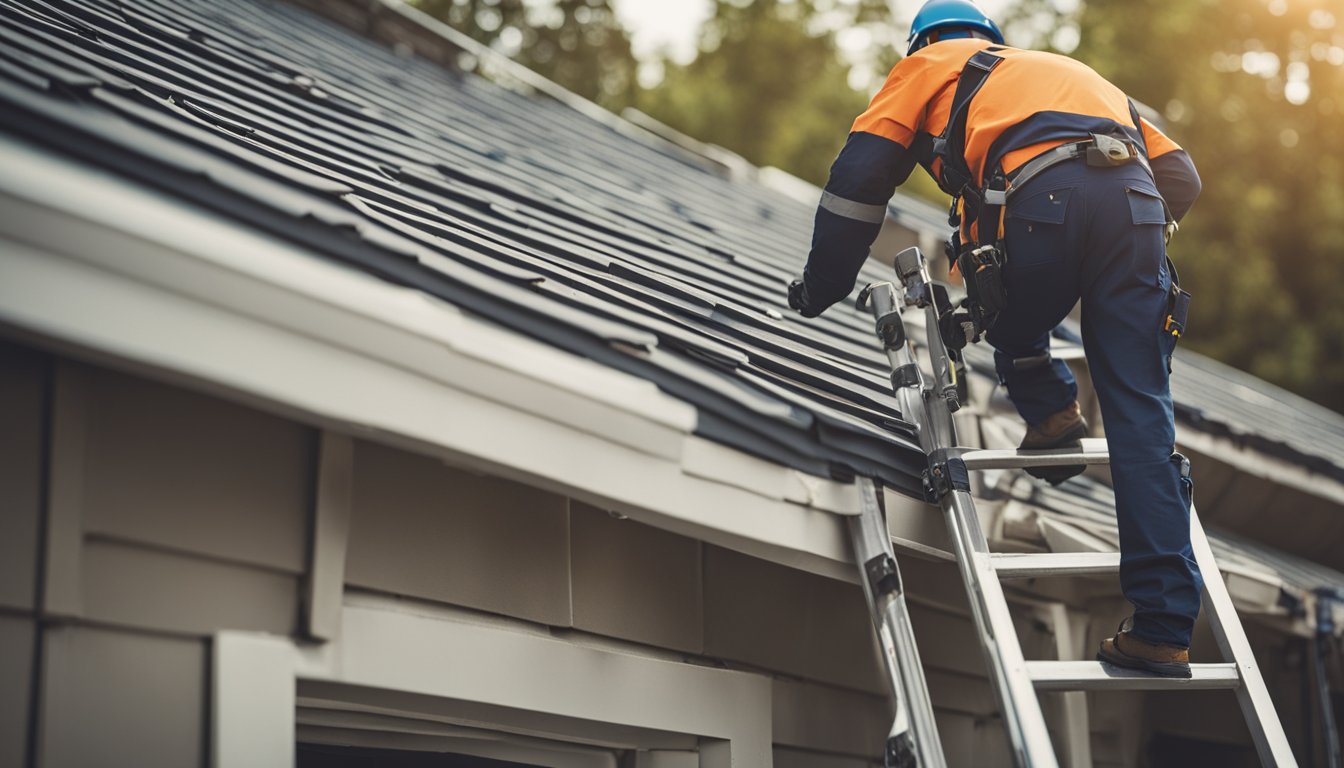 A figure on a ladder inspecting a roof for damage, surrounded by safety equipment and tools. A checklist of maintenance tasks is visible nearby