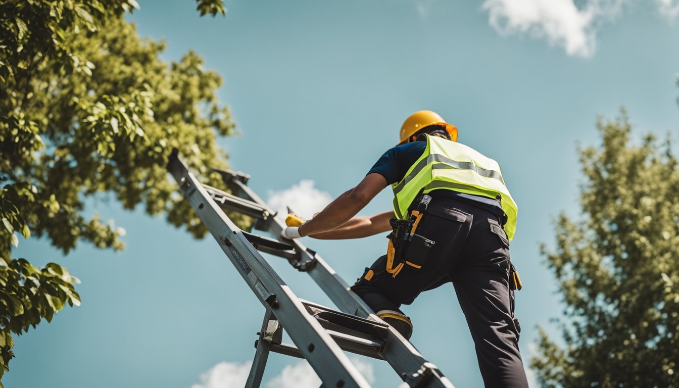 A person standing on a ladder, securing roof tiles with safety gear nearby. Clear sky, trees in the background