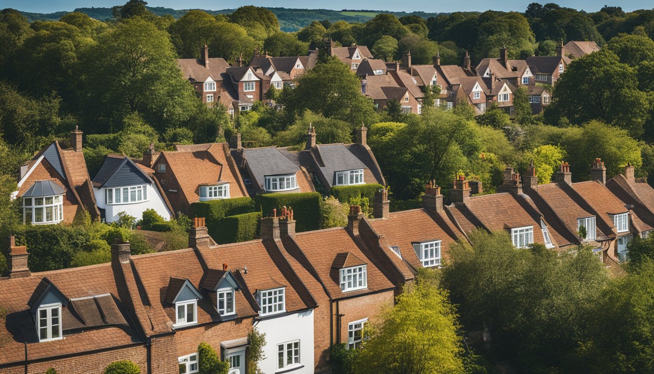 A house with various colored roofs in a UK neighborhood, surrounded by trees and greenery, under a clear blue sky