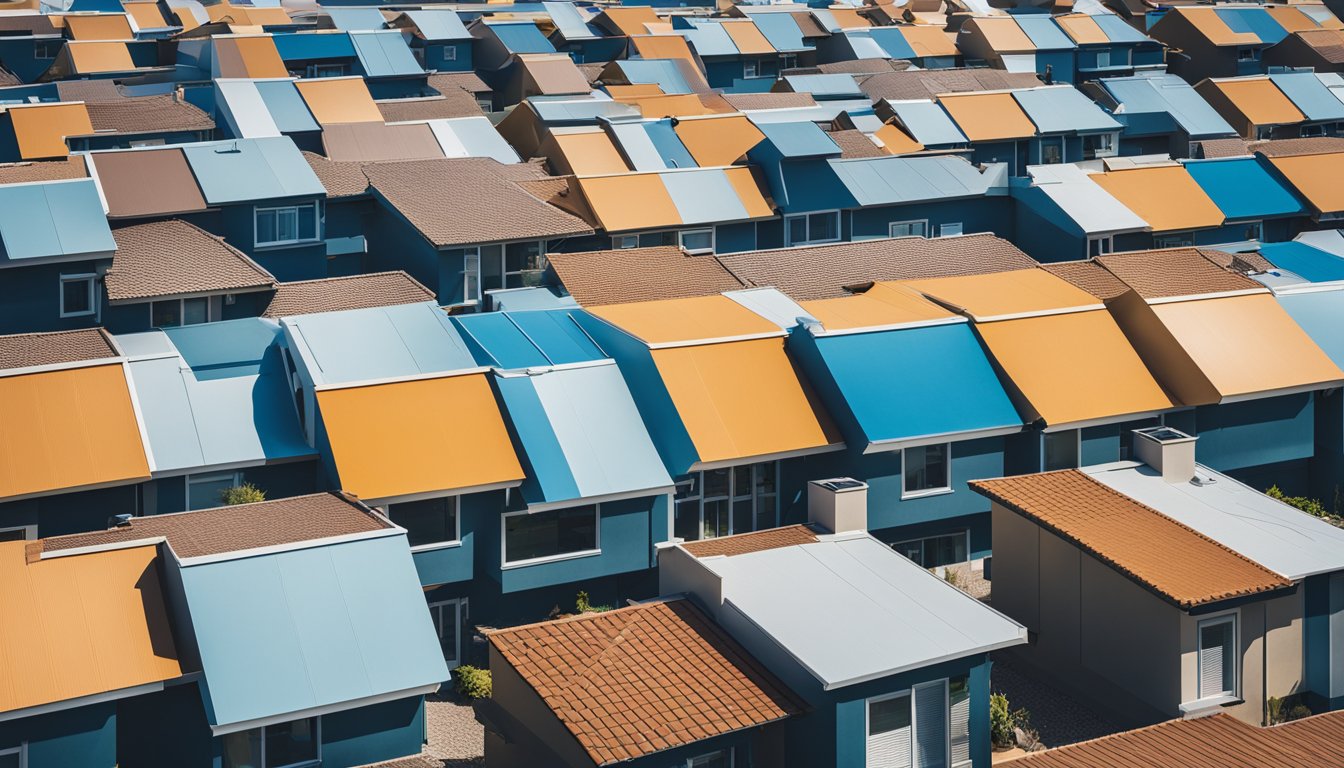 A house with a variety of roofing samples laid out in front, with a clear blue sky in the background