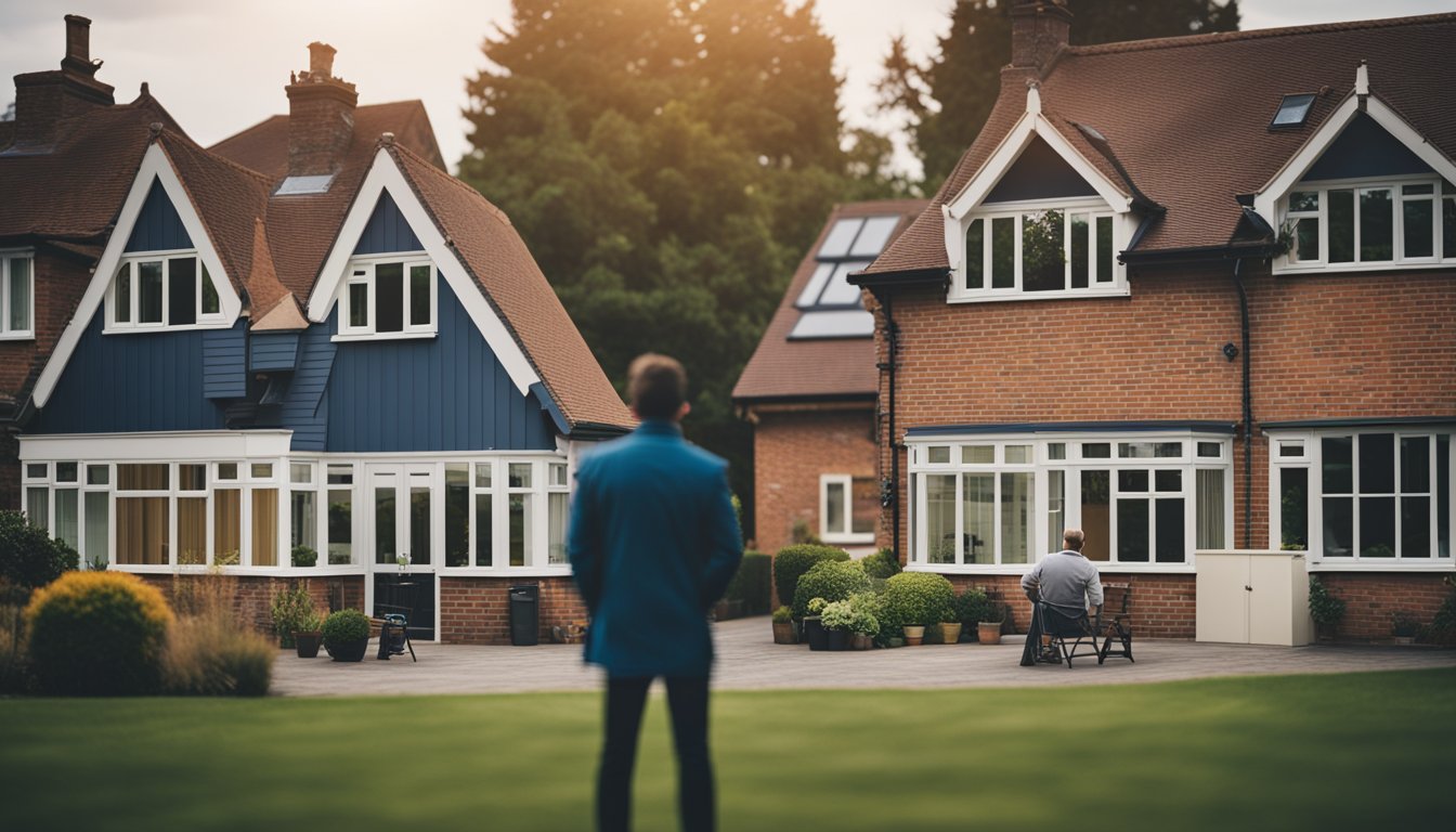 A suburban UK home with a variety of roofing color samples laid out in front, with a person contemplating the options