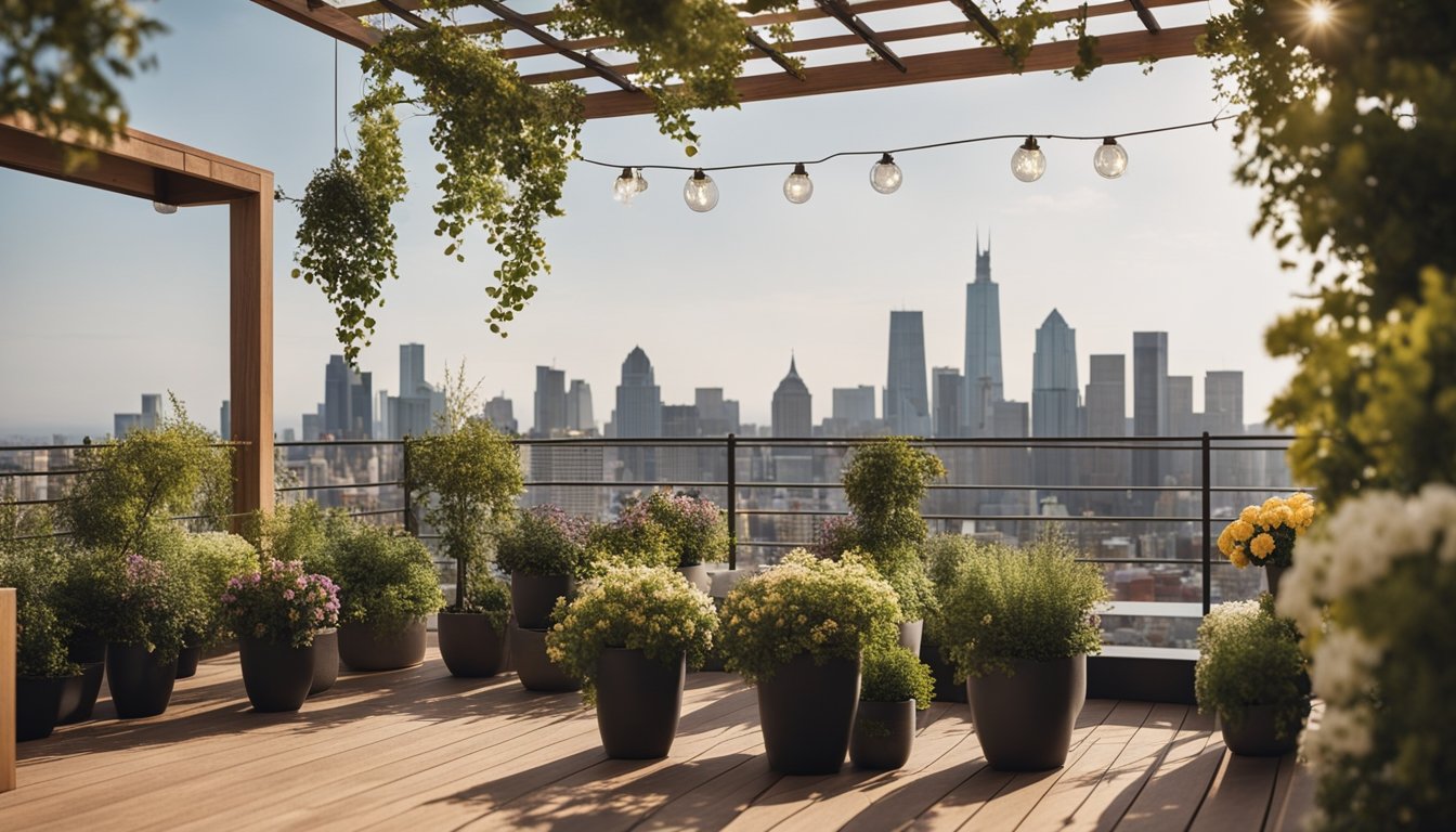 A rooftop garden with potted plants, a wooden deck, and cozy outdoor seating, surrounded by a trellis with climbing flowers and a view of the city skyline