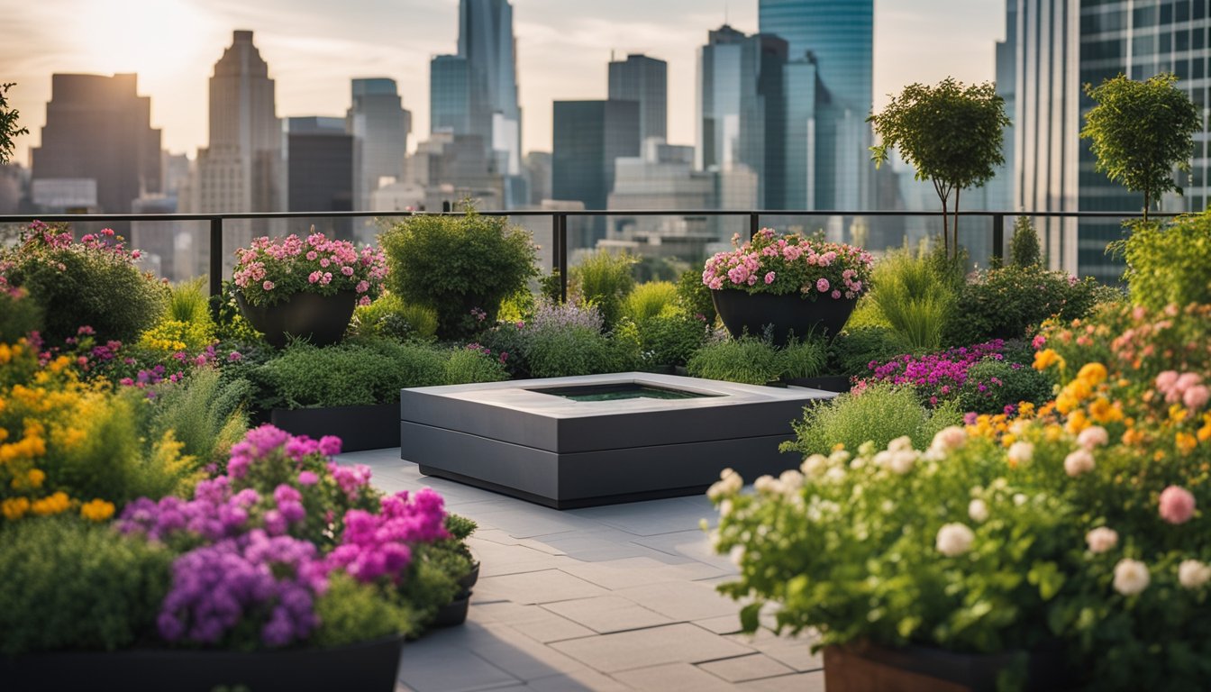 Lush greenery and colorful flowers fill a rooftop garden, with cozy seating areas and a small water feature. The city skyline provides a stunning backdrop