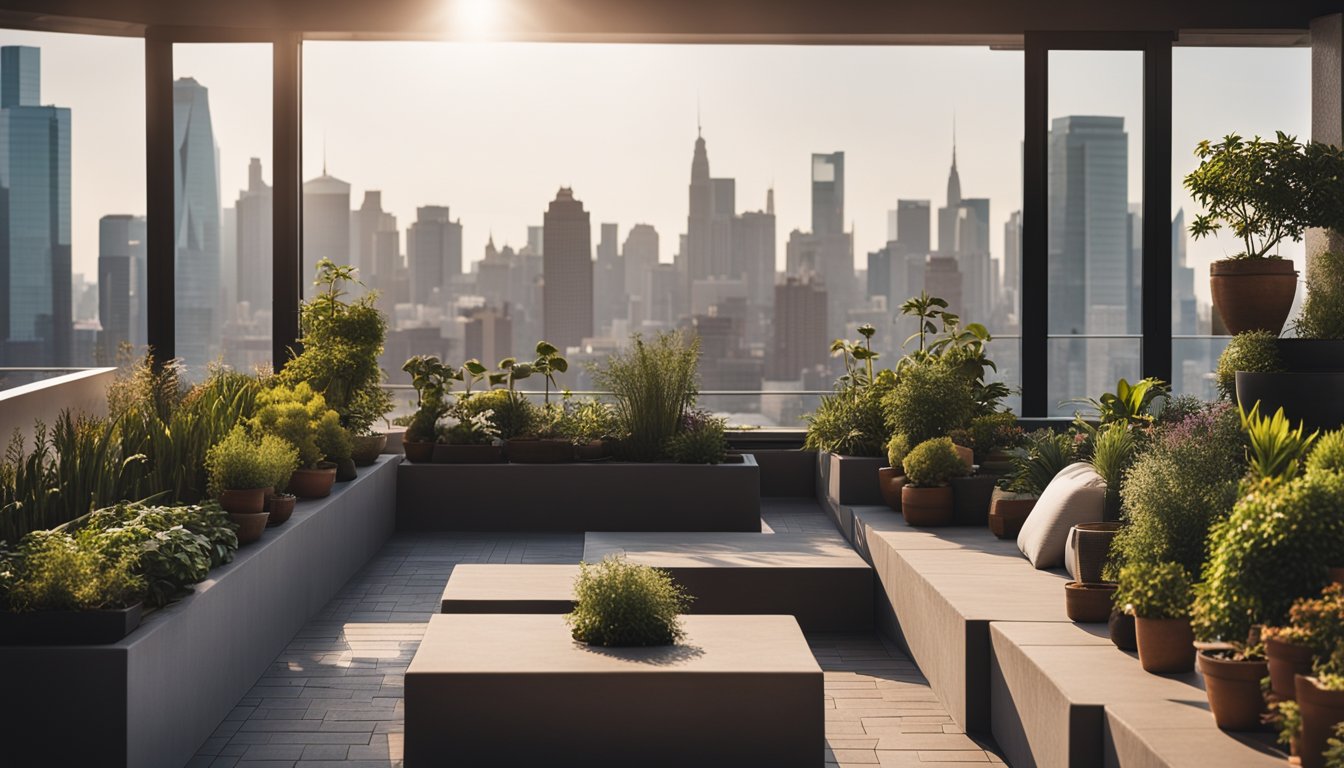 A rooftop garden with potted plants, a cozy seating area, and a small water feature, surrounded by a panoramic view of the city skyline