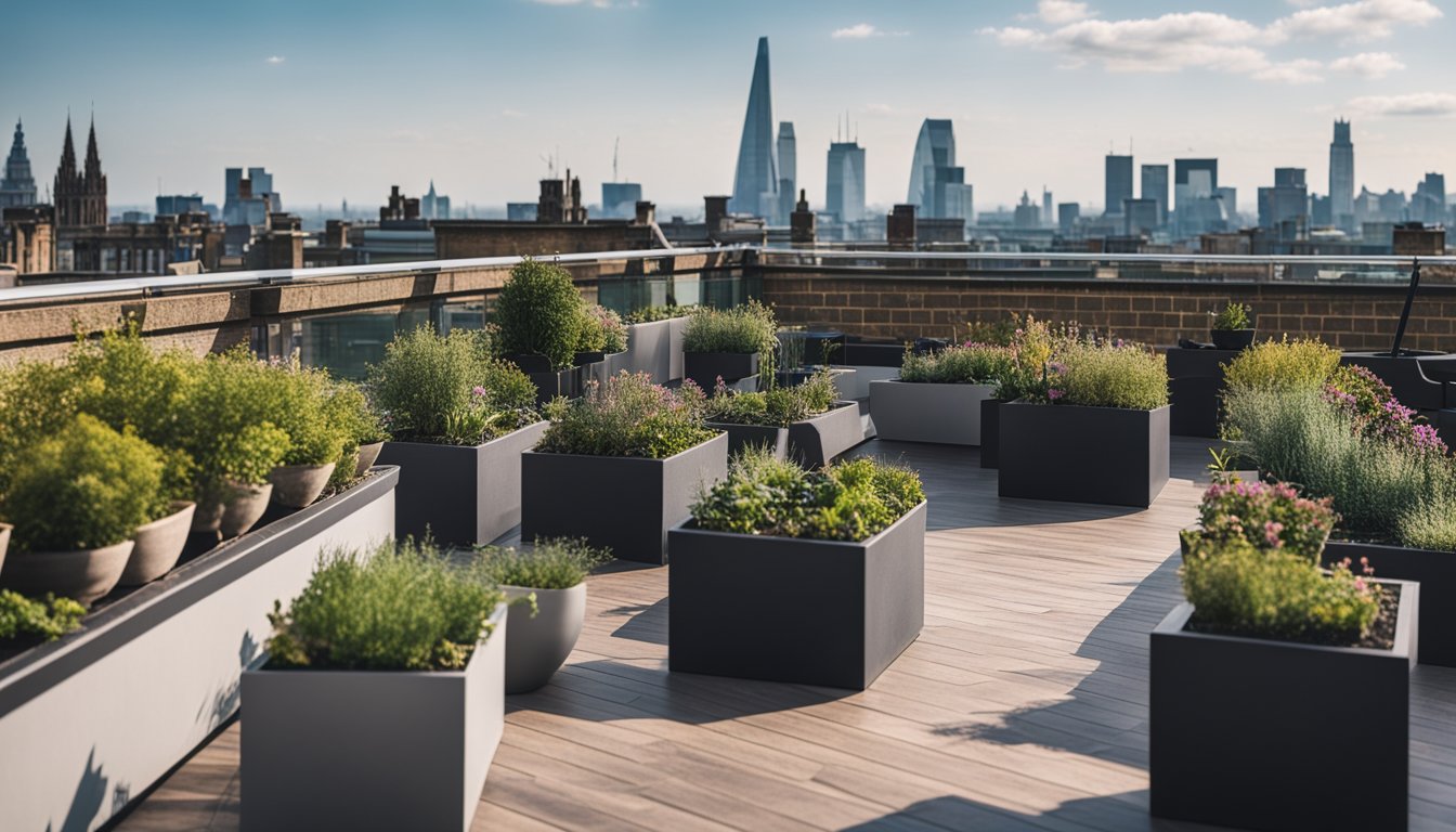 A rooftop garden in the UK, with potted plants, a seating area, and a view of the city skyline