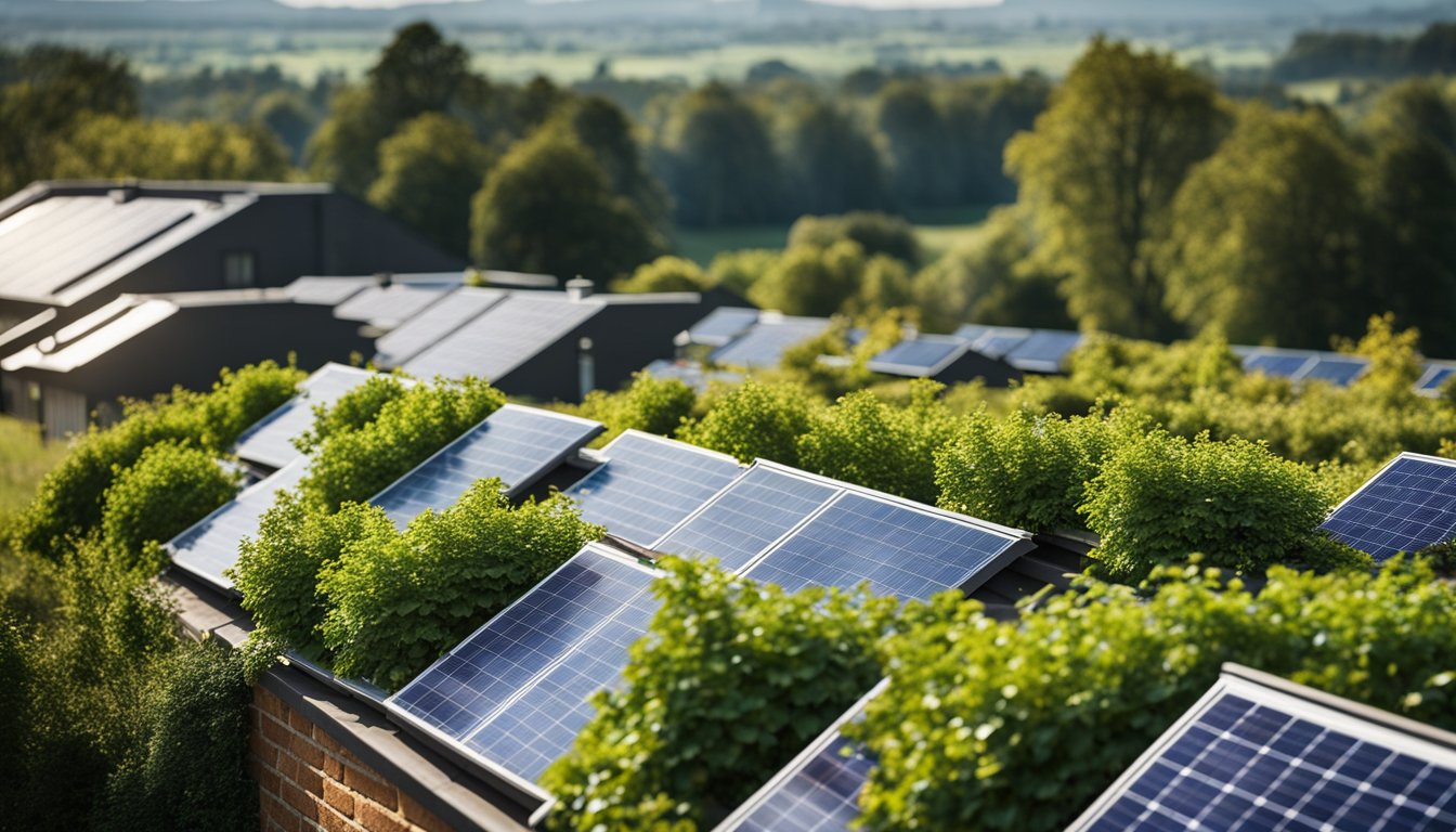 A modern, eco-friendly roof with solar panels and greenery contrasts with traditional UK roofing styles in the background