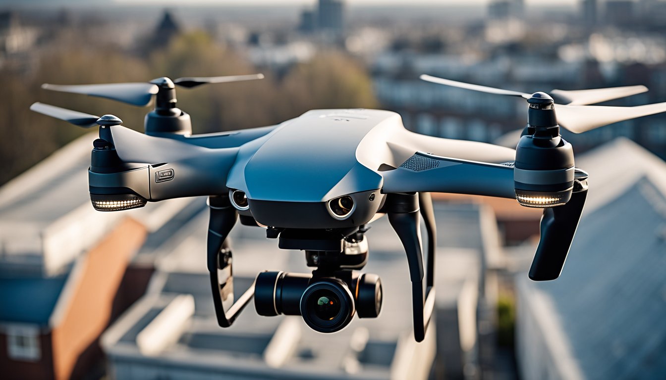 A drone hovers above a UK rooftop, capturing detailed images for inspection. Its high-tech design and precision showcase innovative use for roof inspections