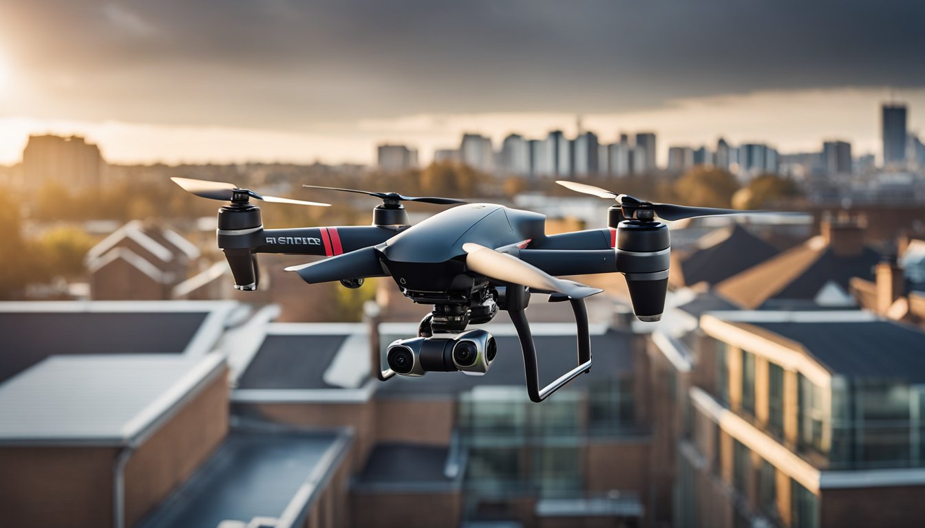 A drone hovers over a UK rooftop, capturing detailed images for inspection. Its innovative use showcases modern technology in roof maintenance