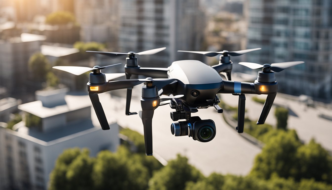 A drone hovers above a rooftop, equipped with high-resolution cameras and sensors. It navigates around obstacles, capturing detailed images for inspection purposes