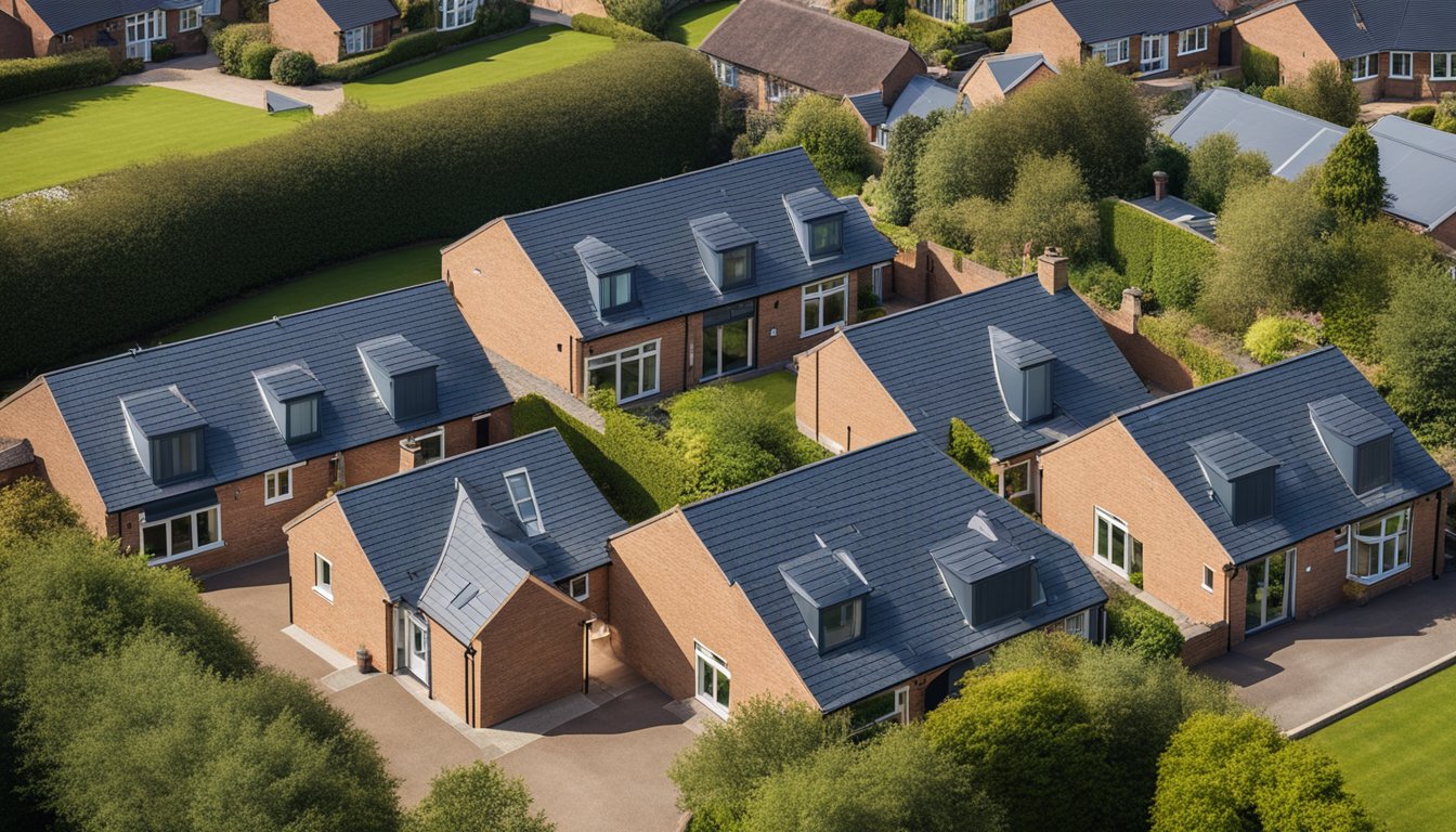 Aerial view of UK homes with modern metal roofing options. Clean lines and sleek finishes showcase durability and style