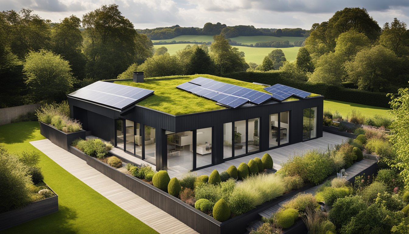 A family home in the UK with solar panels, green roofs, and rainwater harvesting system