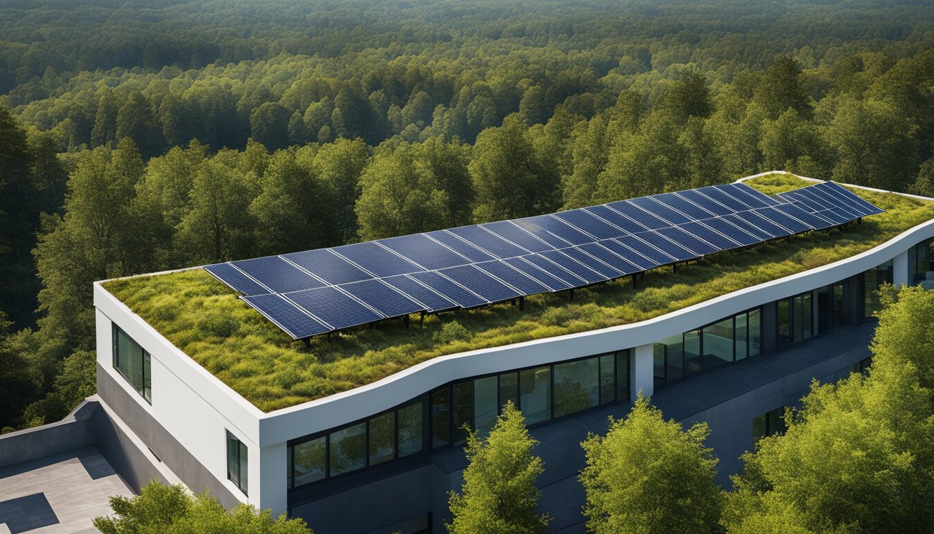 A rooftop with solar panels, green roof, and recycled shingles. Surrounding trees and a clear sky