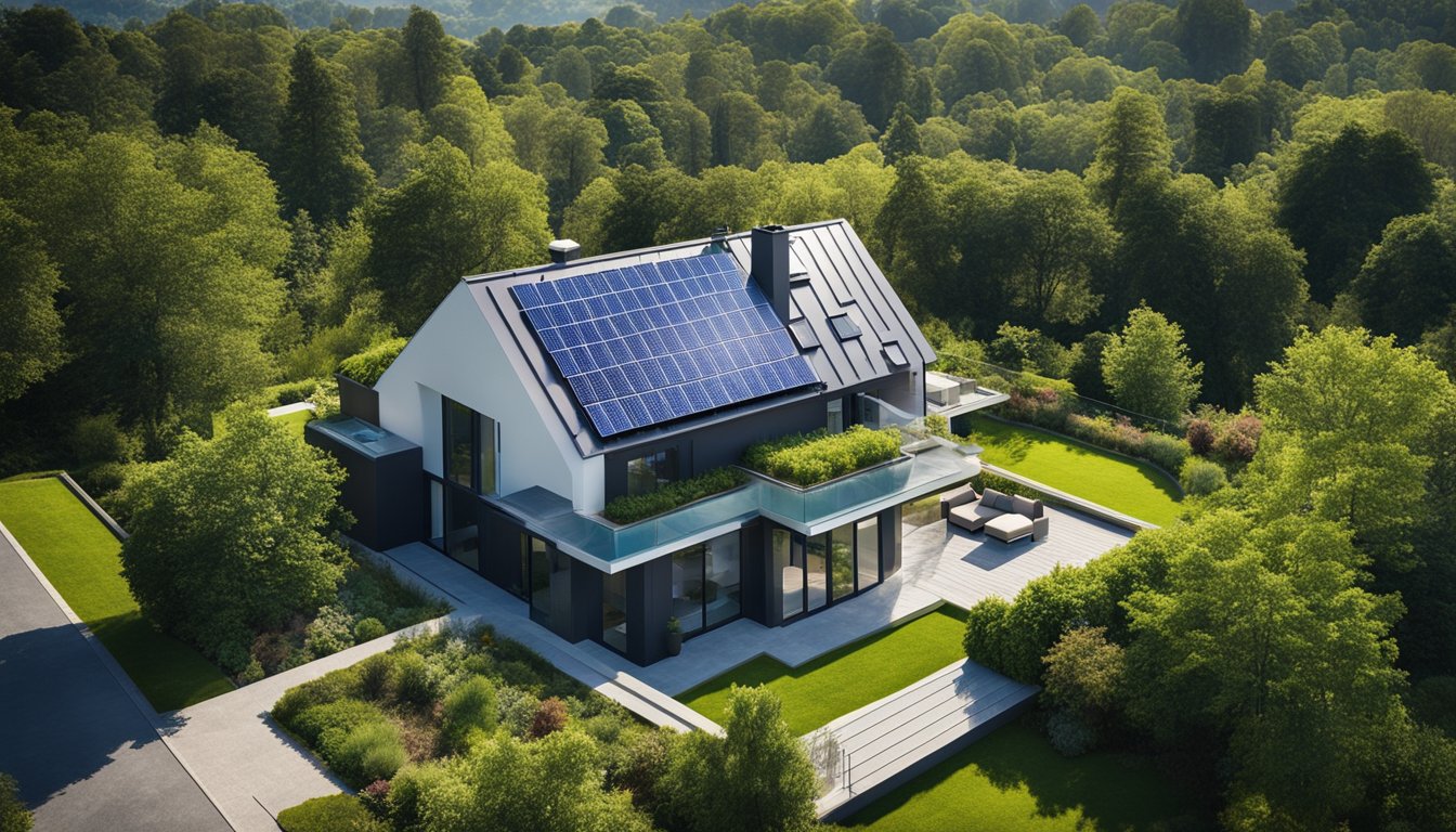 A family home with solar panels, green roof, and rainwater harvesting system. Lush garden surrounds the house. Blue sky and sunshine above