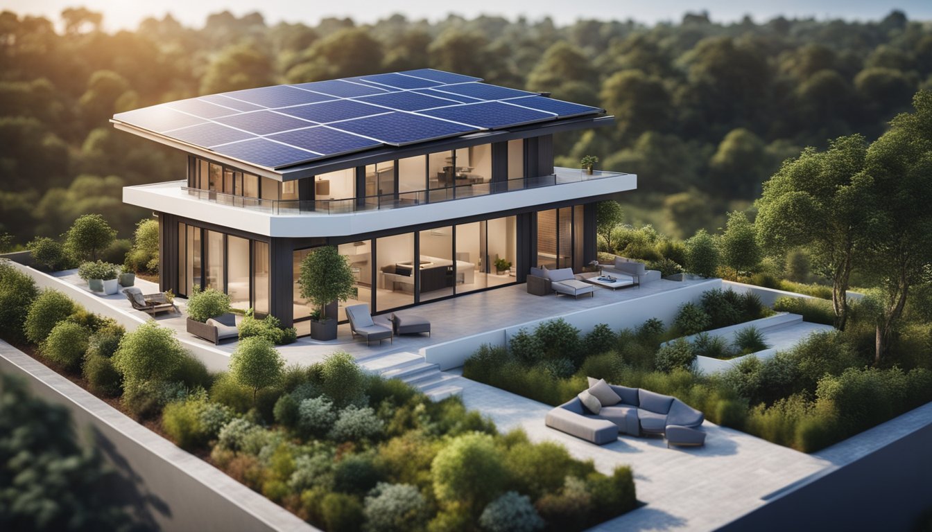 A modern house with solar panels and greenery on the roof, surrounded by sustainable materials and eco-friendly features