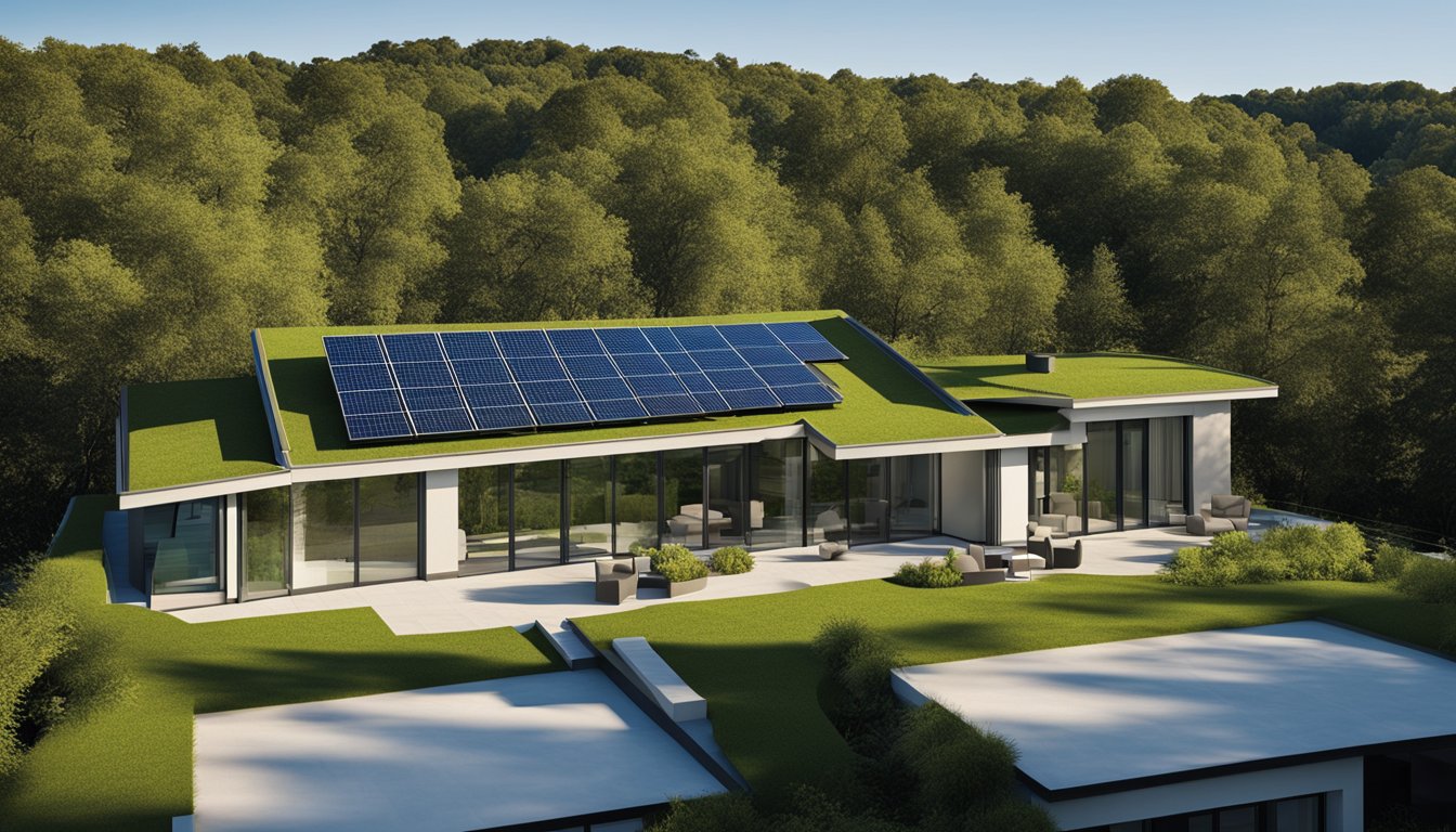 A modern house with solar panels and green roofing materials, surrounded by trees and a clear blue sky