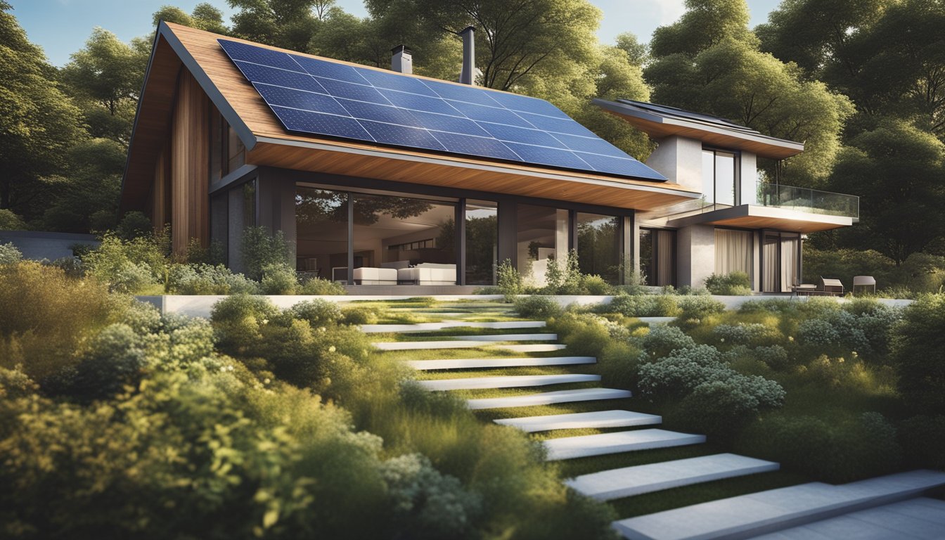 A modern house with solar panels, greenery, and recycled materials on the roof, surrounded by eco-friendly landscaping