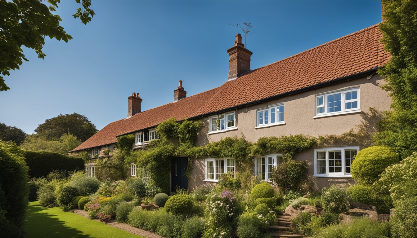 A traditional UK home with clay roofing tiles, surrounded by lush greenery, under a clear blue sky